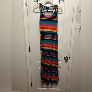 Chesley womens L rainbow striped multicolored maxi dress colorful retro slit EUC